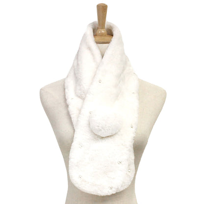 Pearl Embellished Faux Fur Pom Pom Pull Through Scarf