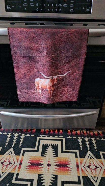 Monogrammed Initial Western Leather Look Saddle Longhorn Cowboy Cowgirl Kitchen Dish Towels Made in America