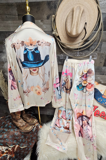 Baha Ranch Danilo Painted Cowgirl Satin Long Pajamas
