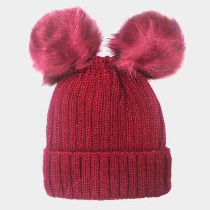 Soft Knit Double Faux Fur Pom Pom Beanie Hat